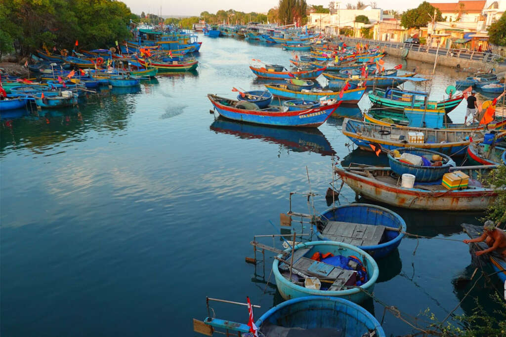 Bateaux colorés dans un port de Phan Thiet