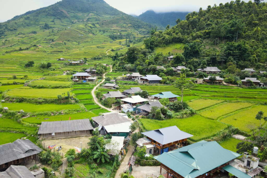 Traditional stilt village in a valley in Northwest Vietnam
